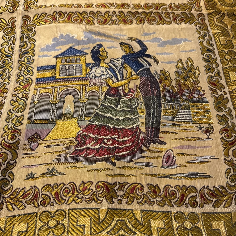Spanish Tapestry Scarf Sevilla Spain Embroidered Manton Altar Table 48x48 Vtg